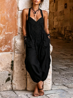💝💝Women's V-neck Sleeveless Wide-leg Jumpsuit — Casual, Loose-fit Cotton-linen Blend With Placement Print
