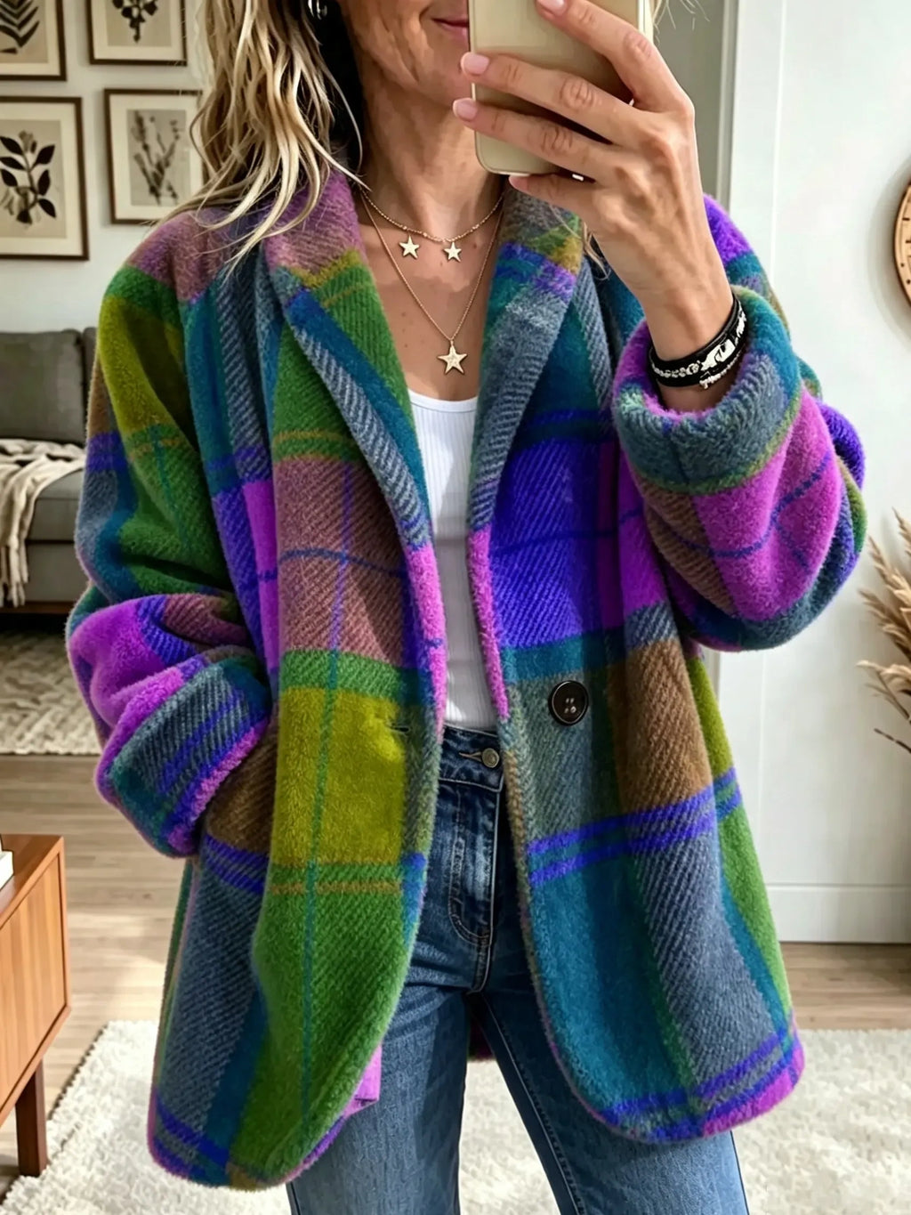 Brightly colored plaid fleece coat