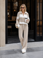💝💝Women's Beige And White Striped Knitted Collared Half-zip Casual Set