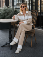 💝💝Women's Beige And White Striped Knitted Collared Half-zip Casual Set