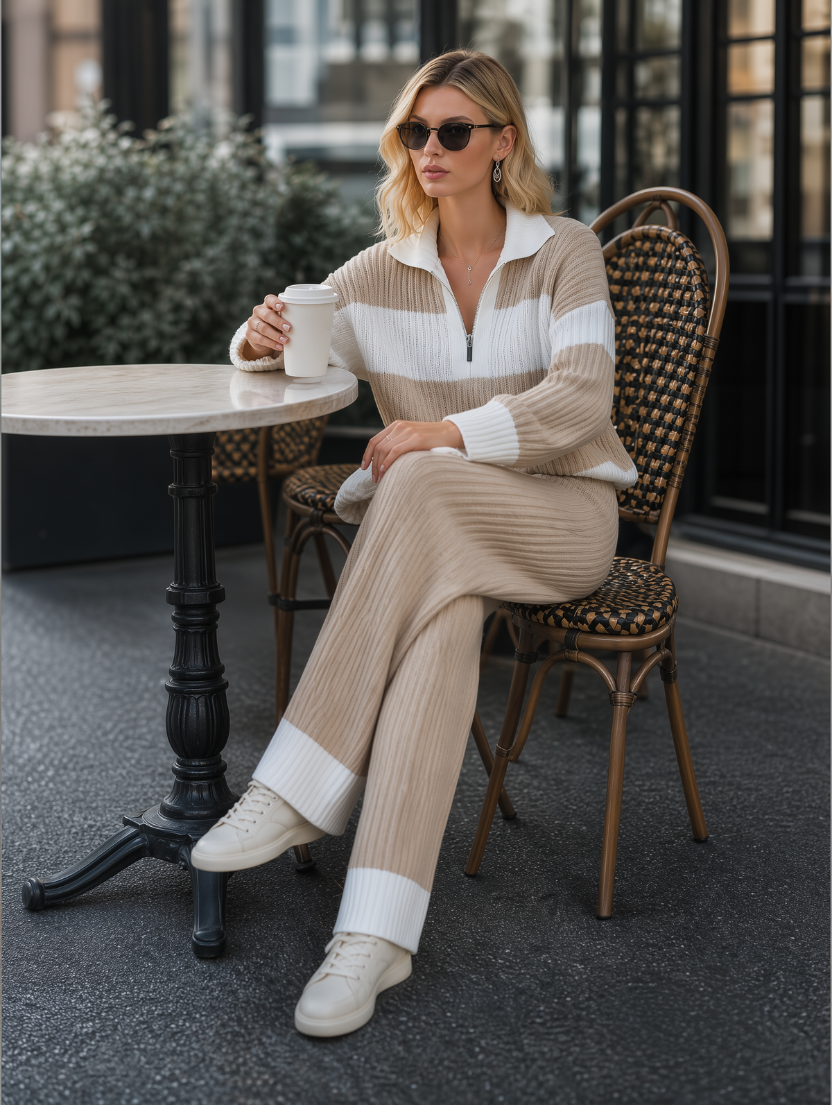 💝💝Women's Beige And White Striped Knitted Collared Half-zip Casual Set