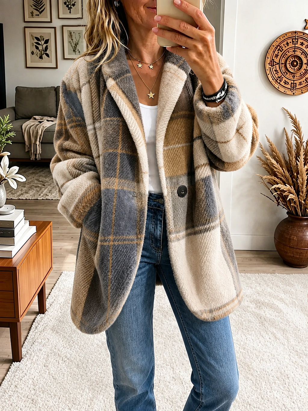 Brightly colored plaid fleece coat