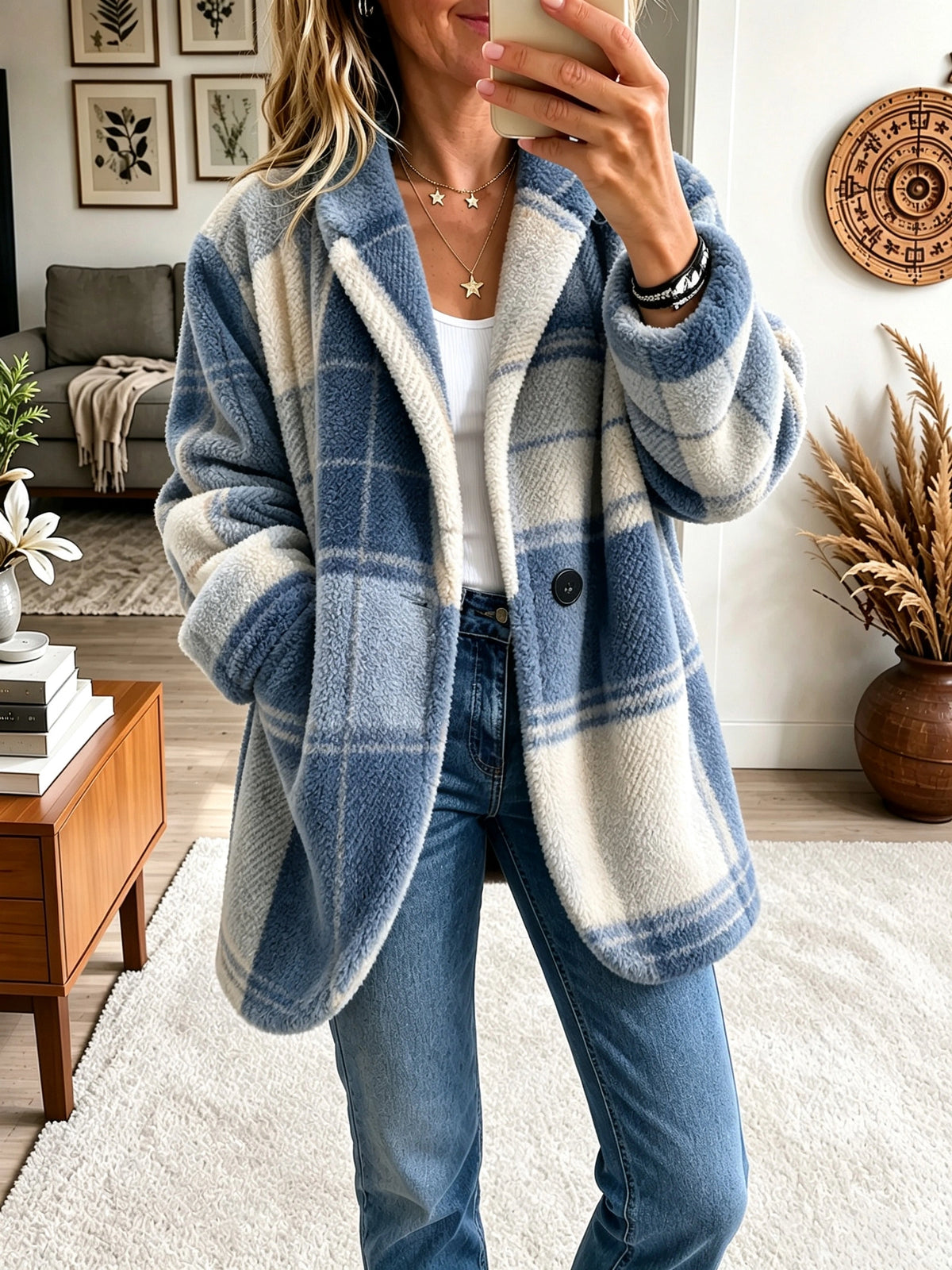 Brightly colored plaid fleece coat