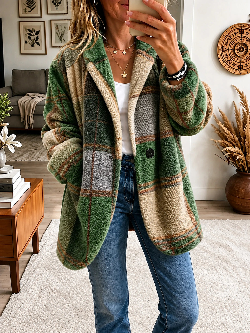 Brightly colored plaid fleece coat
