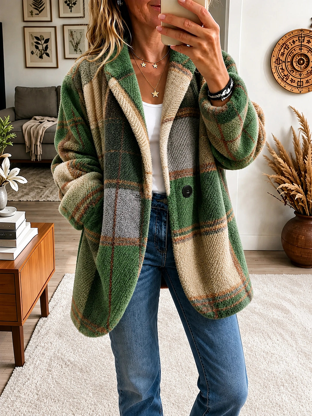 Brightly colored plaid fleece coat