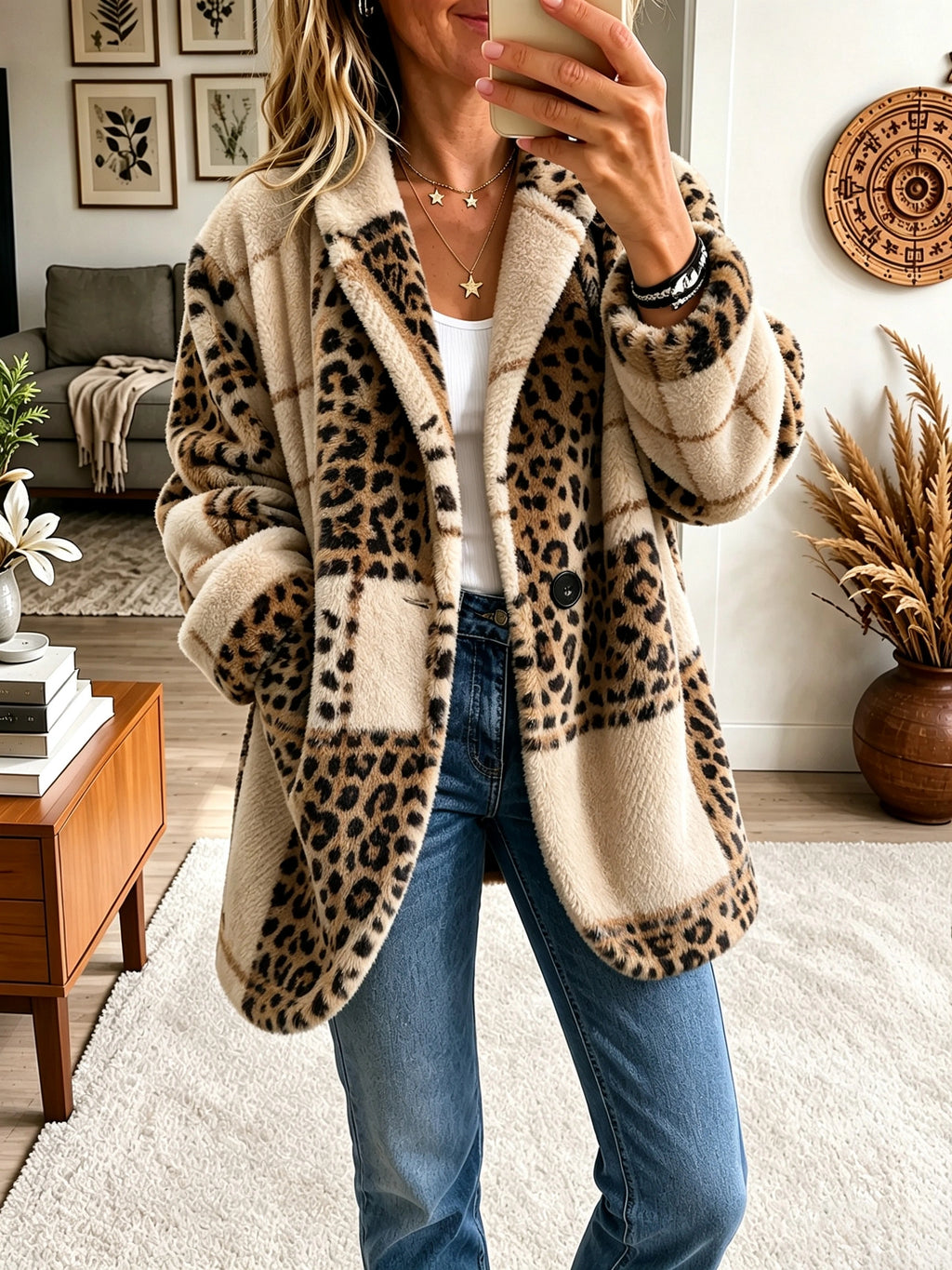 Brightly colored plaid fleece coat