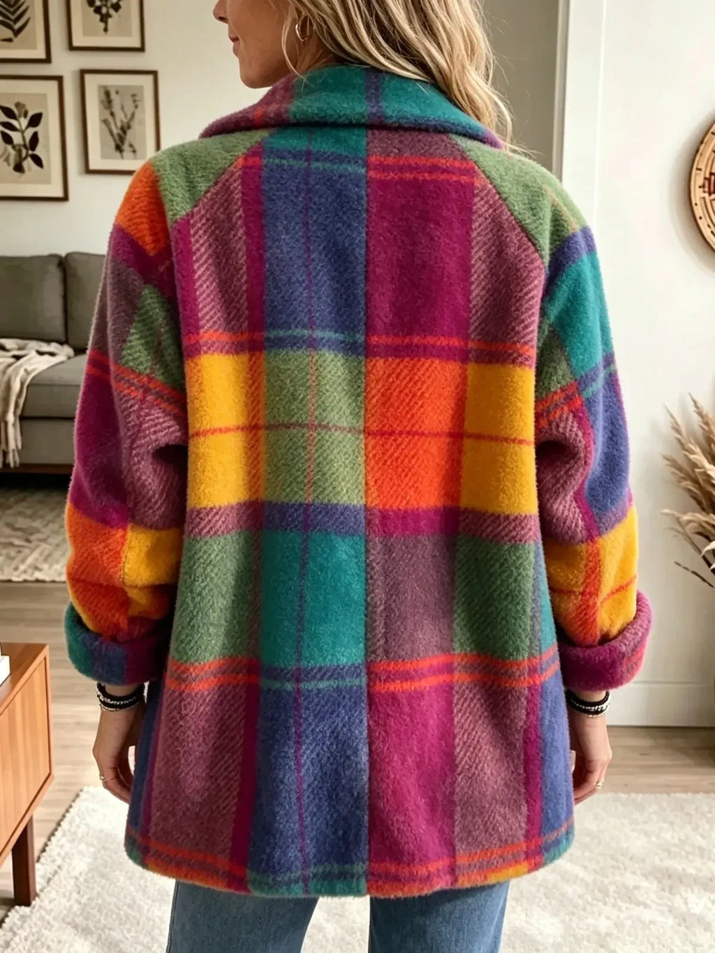 Brightly colored plaid fleece coat