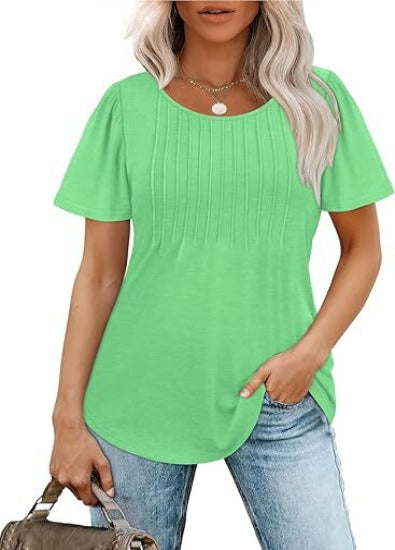 💝💝Womens T Shirts Short Sleeve Pleated Dressy Casual Scooped Neck Summer Tops Blouses