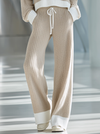 💝💝Women's Beige And White Striped Knitted Collared Half-zip Casual Set