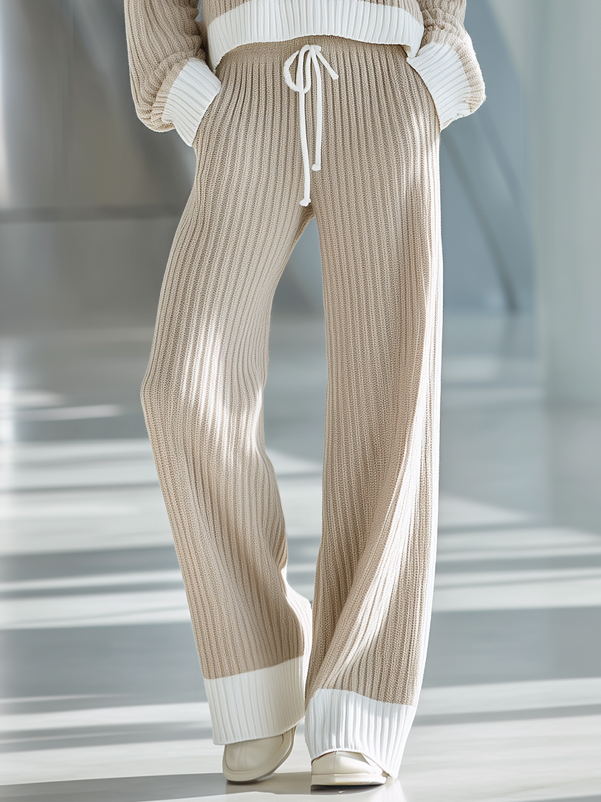 💝💝Women's Beige And White Striped Knitted Collared Half-zip Casual Set