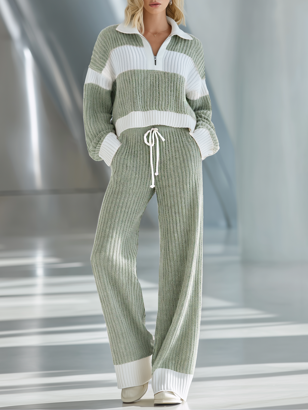 💝💝Women's Beige And White Striped Knitted Collared Half-zip Casual Set
