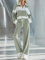 💝💝Women's Beige And White Striped Knitted Collared Half-zip Casual Set