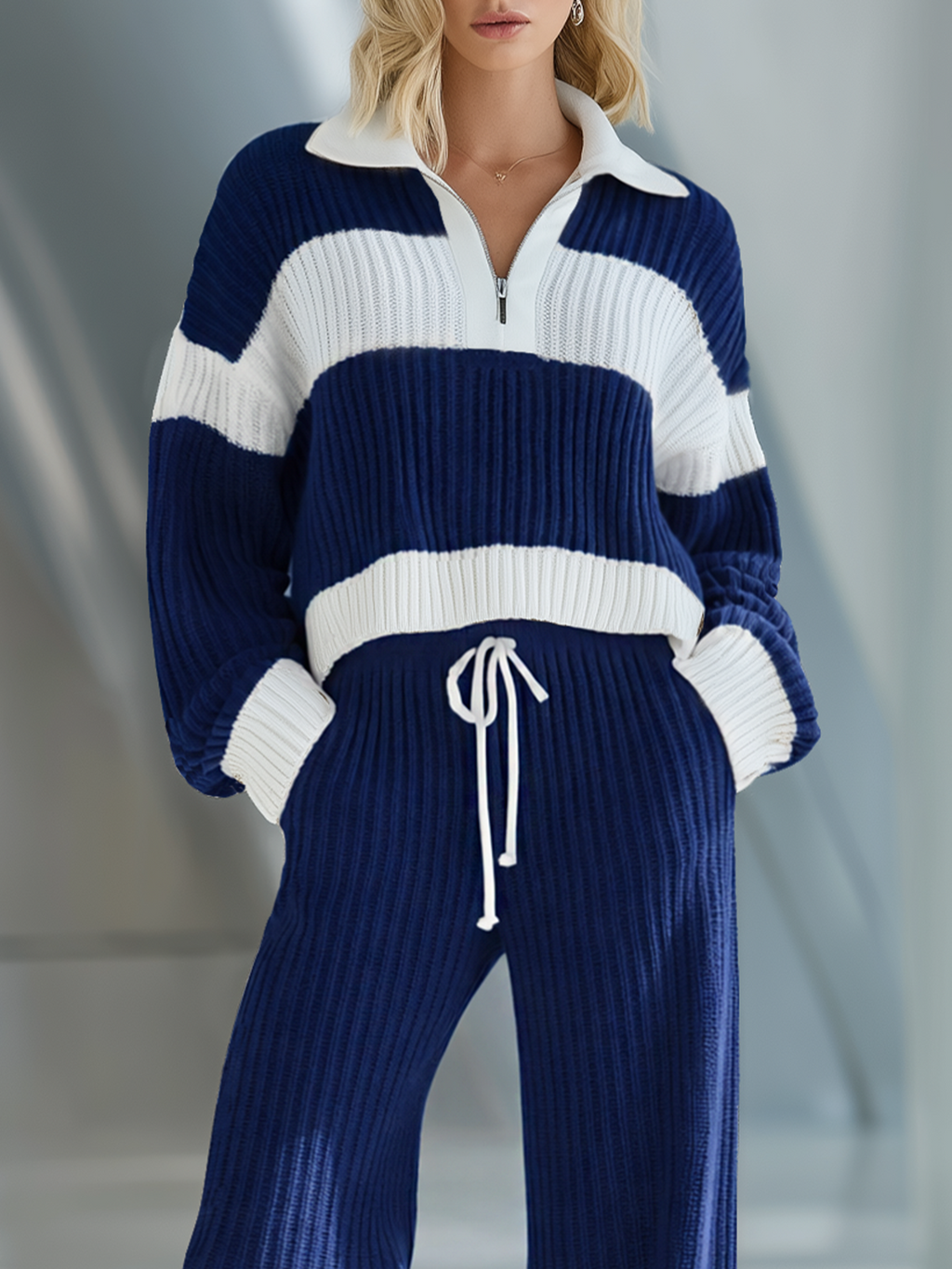 💝💝Women's Beige And White Striped Knitted Collared Half-zip Casual Set