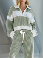 💝💝Women's Beige And White Striped Knitted Collared Half-zip Casual Set