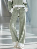 💝💝Women's Beige And White Striped Knitted Collared Half-zip Casual Set