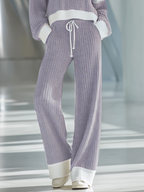 💝💝Women's Beige And White Striped Knitted Collared Half-zip Casual Set