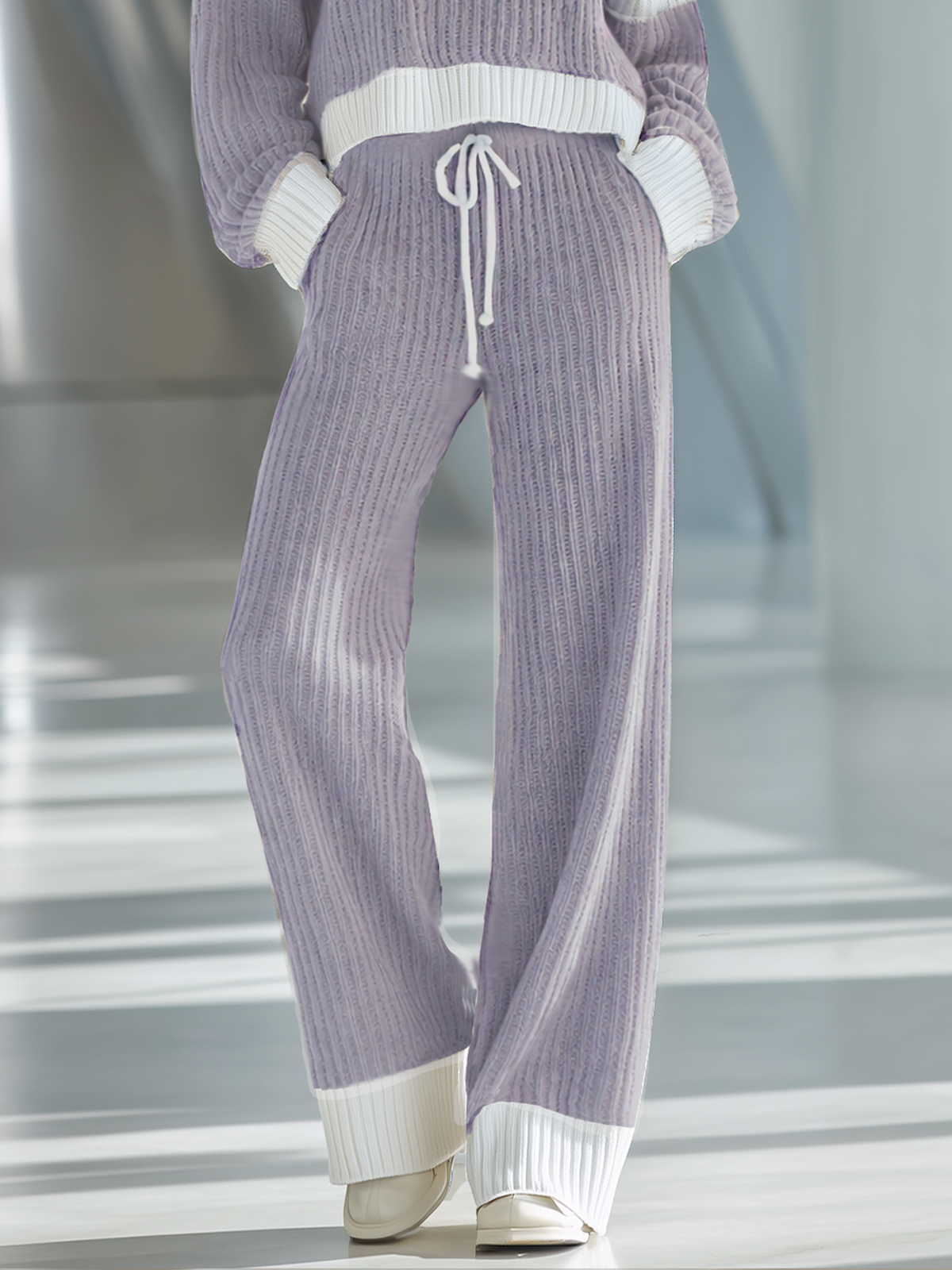 💝💝Women's Beige And White Striped Knitted Collared Half-zip Casual Set