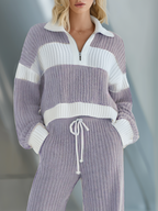 💝💝Women's Beige And White Striped Knitted Collared Half-zip Casual Set