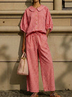 Today 49% off🔥Women’s Cotton Linen Gingham Peter Pan Collar Two-Piece Set