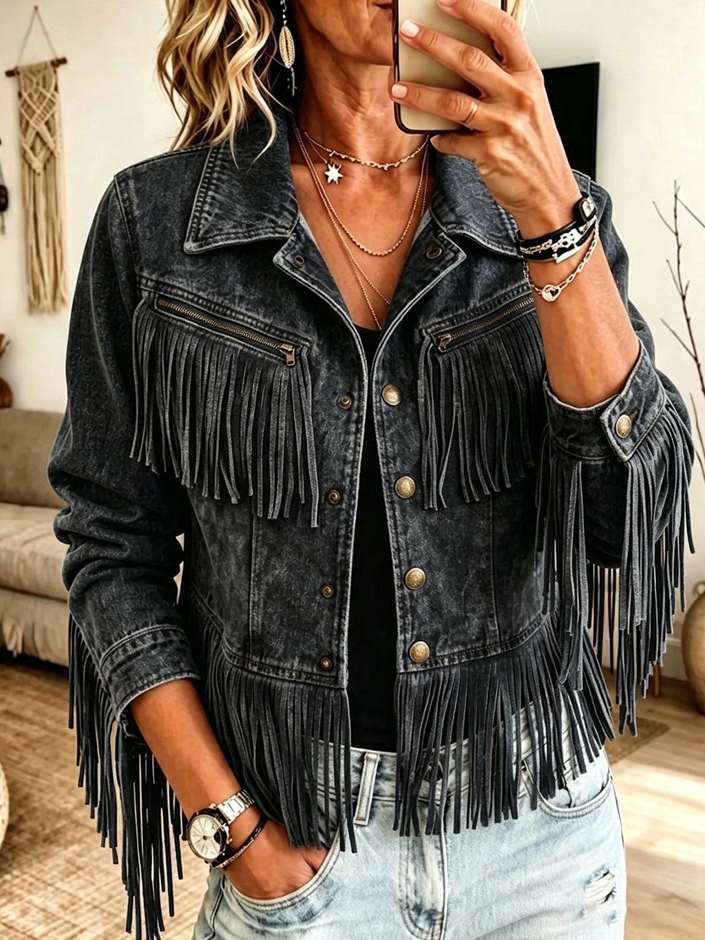Western Fringe Cropped Denim Jacket