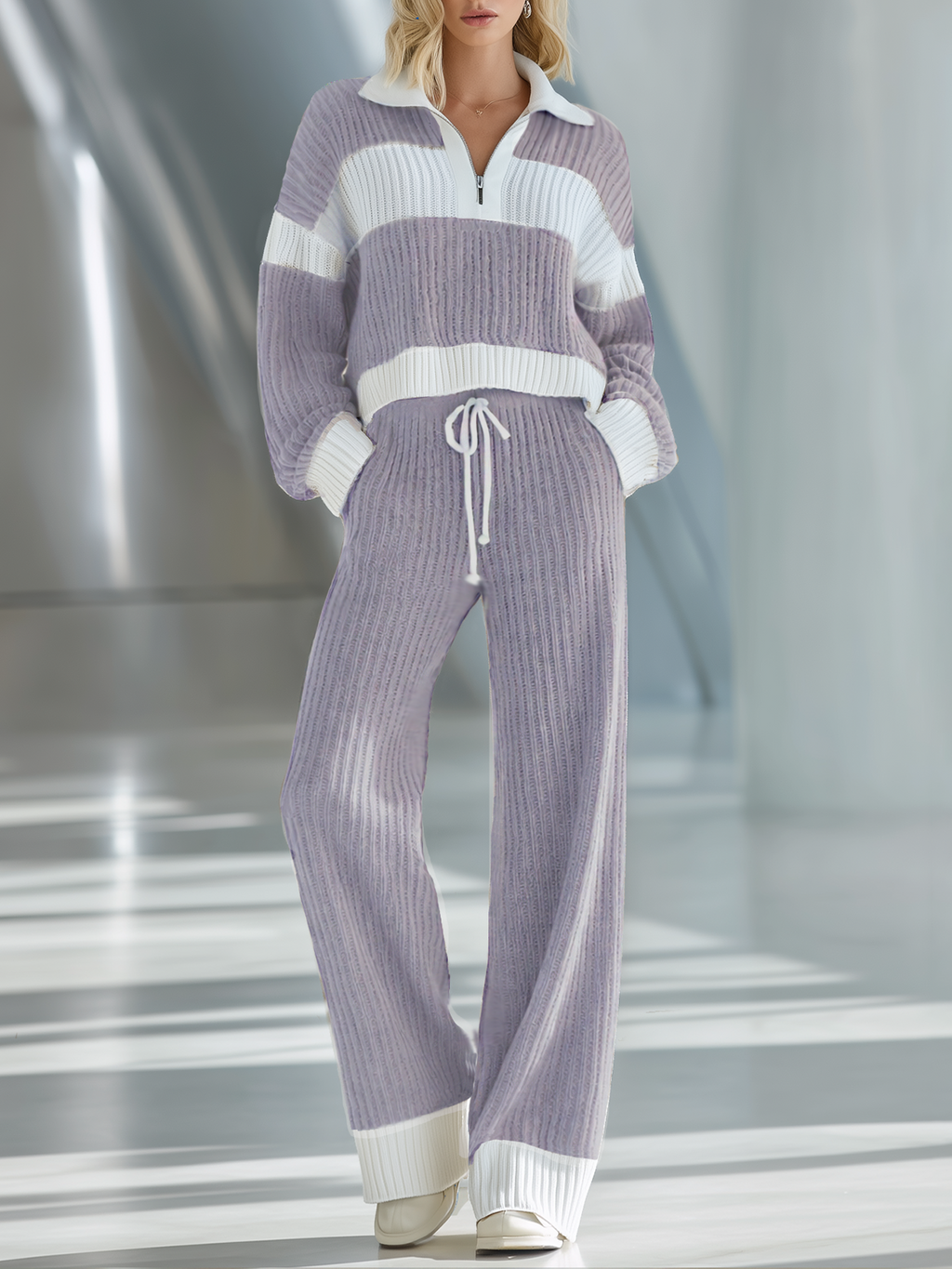💝💝Women's Beige And White Striped Knitted Collared Half-zip Casual Set