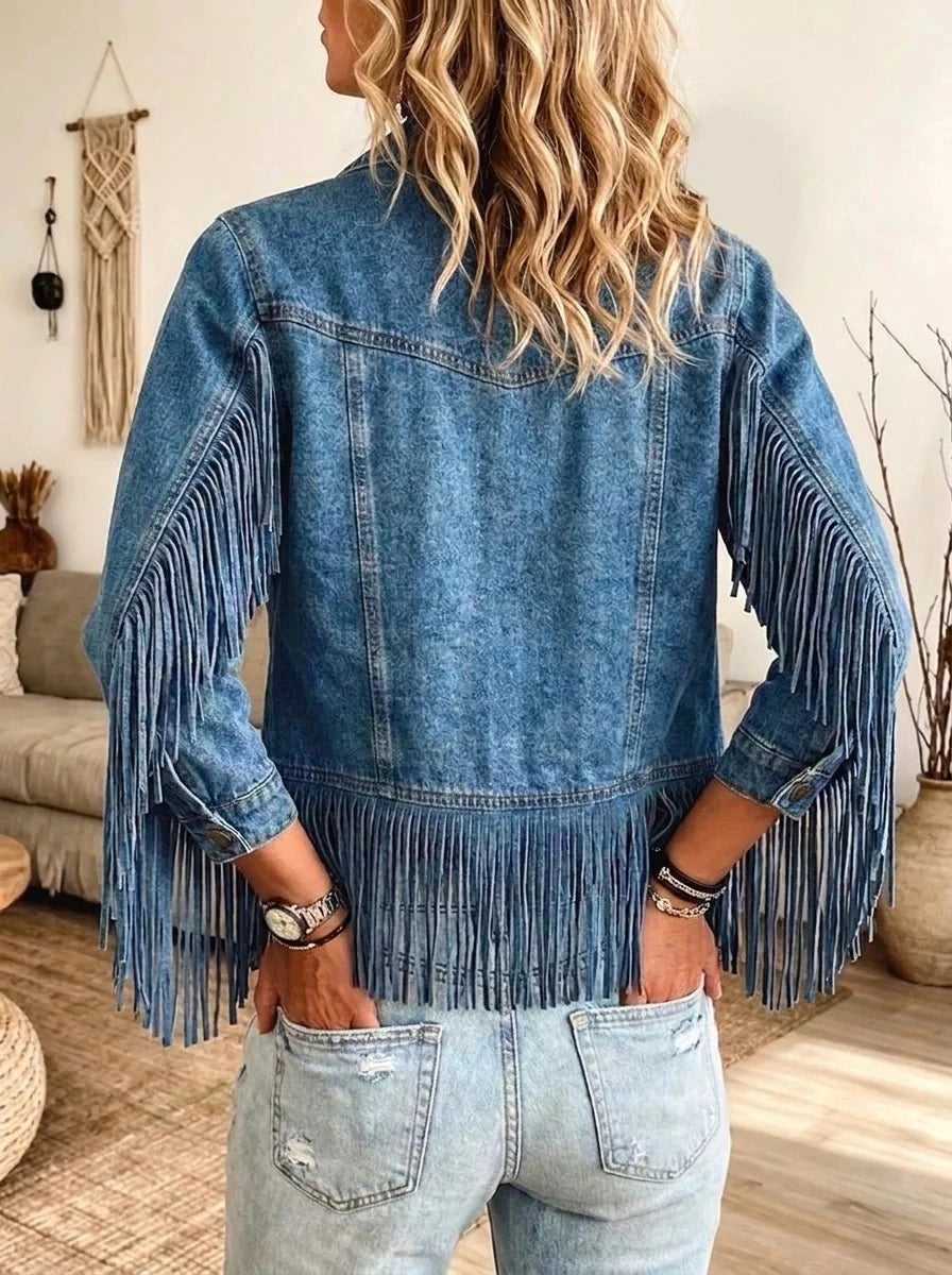 Western Fringe Cropped Denim Jacket