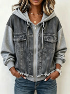 Western Spliced Zip‑Up Denim Hooded Jacket