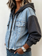 Western Spliced Zip‑Up Denim Hooded Jacket