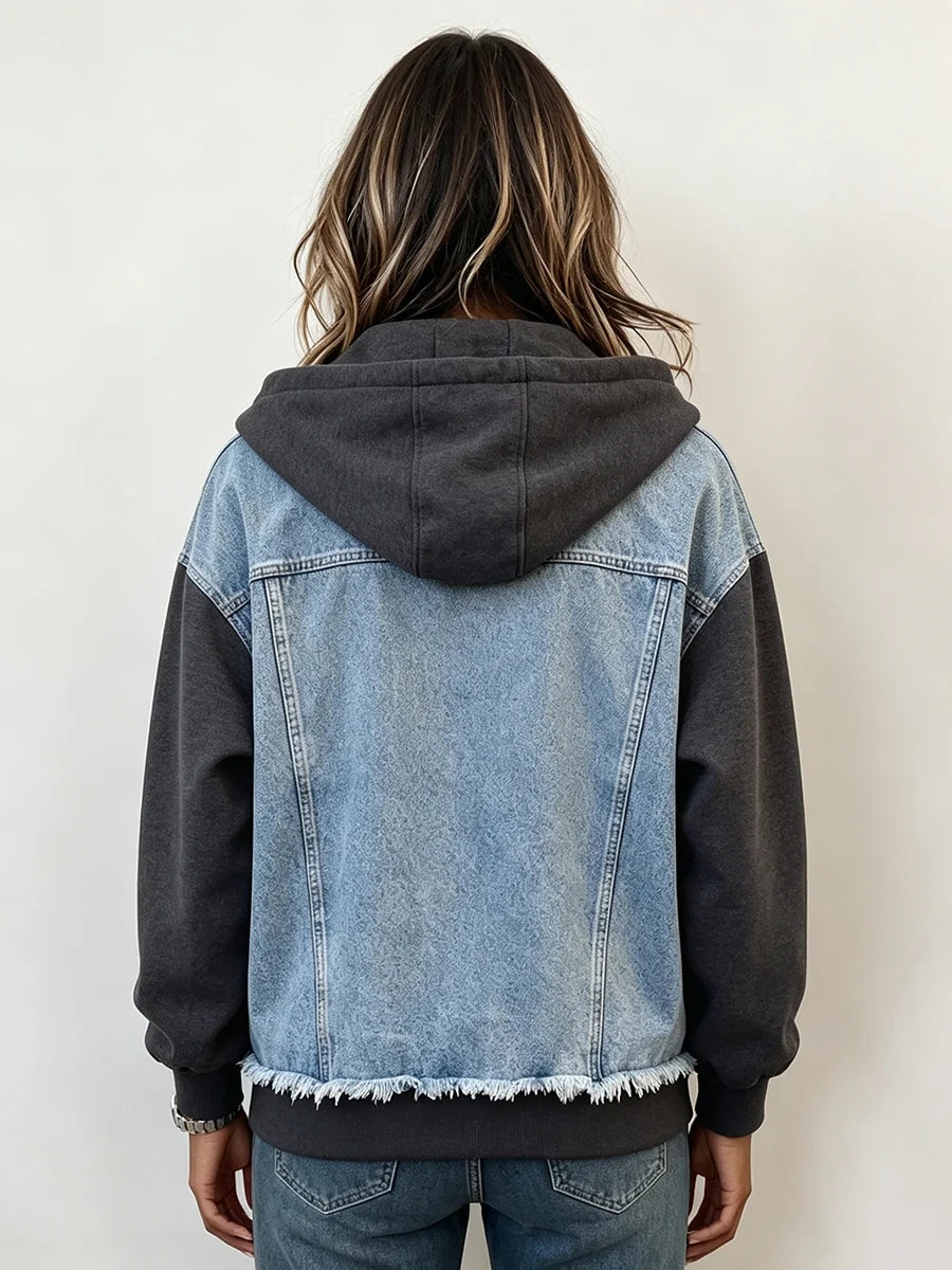 Western Spliced Zip‑Up Denim Hooded Jacket