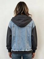 Western Spliced Zip‑Up Denim Hooded Jacket