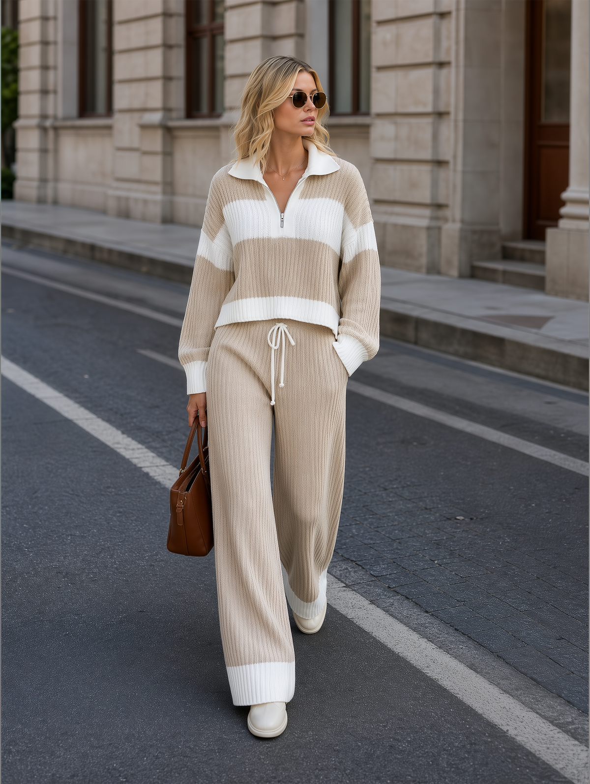 💝💝Women's Beige And White Striped Knitted Collared Half-zip Casual Set