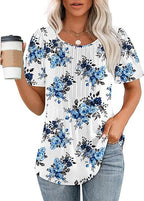 💝💝Womens T Shirts Short Sleeve Pleated Dressy Casual Scooped Neck Summer Tops Blouses