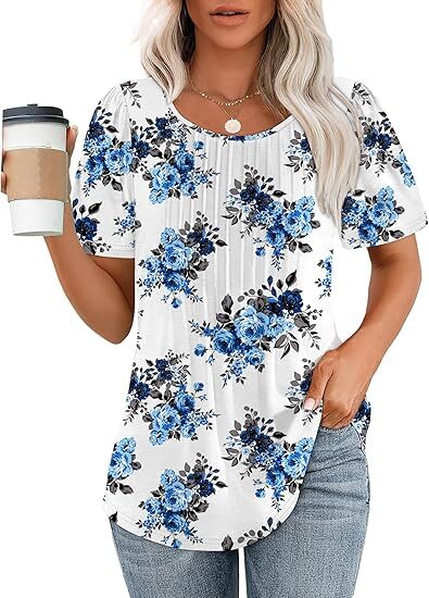 💝💝Womens T Shirts Short Sleeve Pleated Dressy Casual Scooped Neck Summer Tops Blouses
