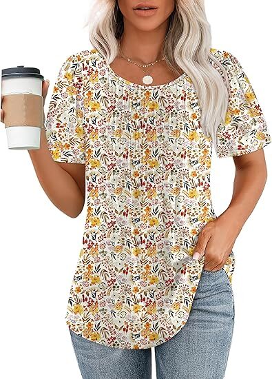 💝💝Womens T Shirts Short Sleeve Pleated Dressy Casual Scooped Neck Summer Tops Blouses