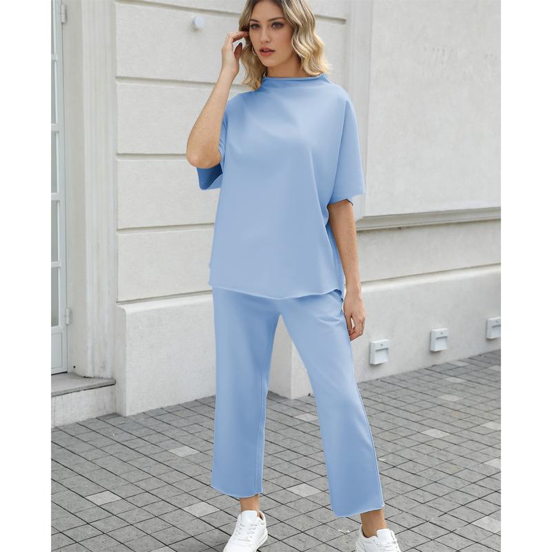 💝💝Women's 2-Piece Casual Trendy Clothing Set - 3/4 Batwing Sleeve Capelet Crew Neck Pullover Top&Wide Leg Pants