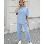 💝💝Women's 2-Piece Casual Trendy Clothing Set - 3/4 Batwing Sleeve Capelet Crew Neck Pullover Top&Wide Leg Pants