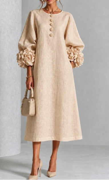 💝💝Floral Midi Dress with Rose-Cuff Sleeves