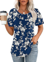 💝💝Womens T Shirts Short Sleeve Pleated Dressy Casual Scooped Neck Summer Tops Blouses