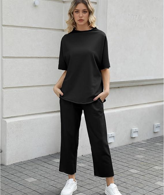 💝💝Women's 2-Piece Casual Trendy Clothing Set - 3/4 Batwing Sleeve Capelet Crew Neck Pullover Top&Wide Leg Pants