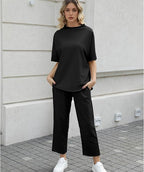 💝💝Women's 2-Piece Casual Trendy Clothing Set - 3/4 Batwing Sleeve Capelet Crew Neck Pullover Top&Wide Leg Pants