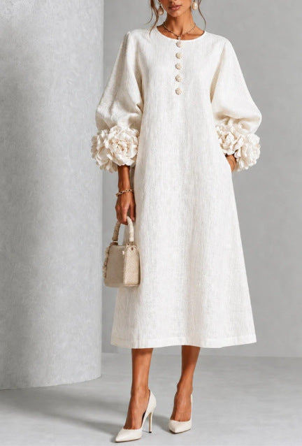💝💝Floral Midi Dress with Rose-Cuff Sleeves