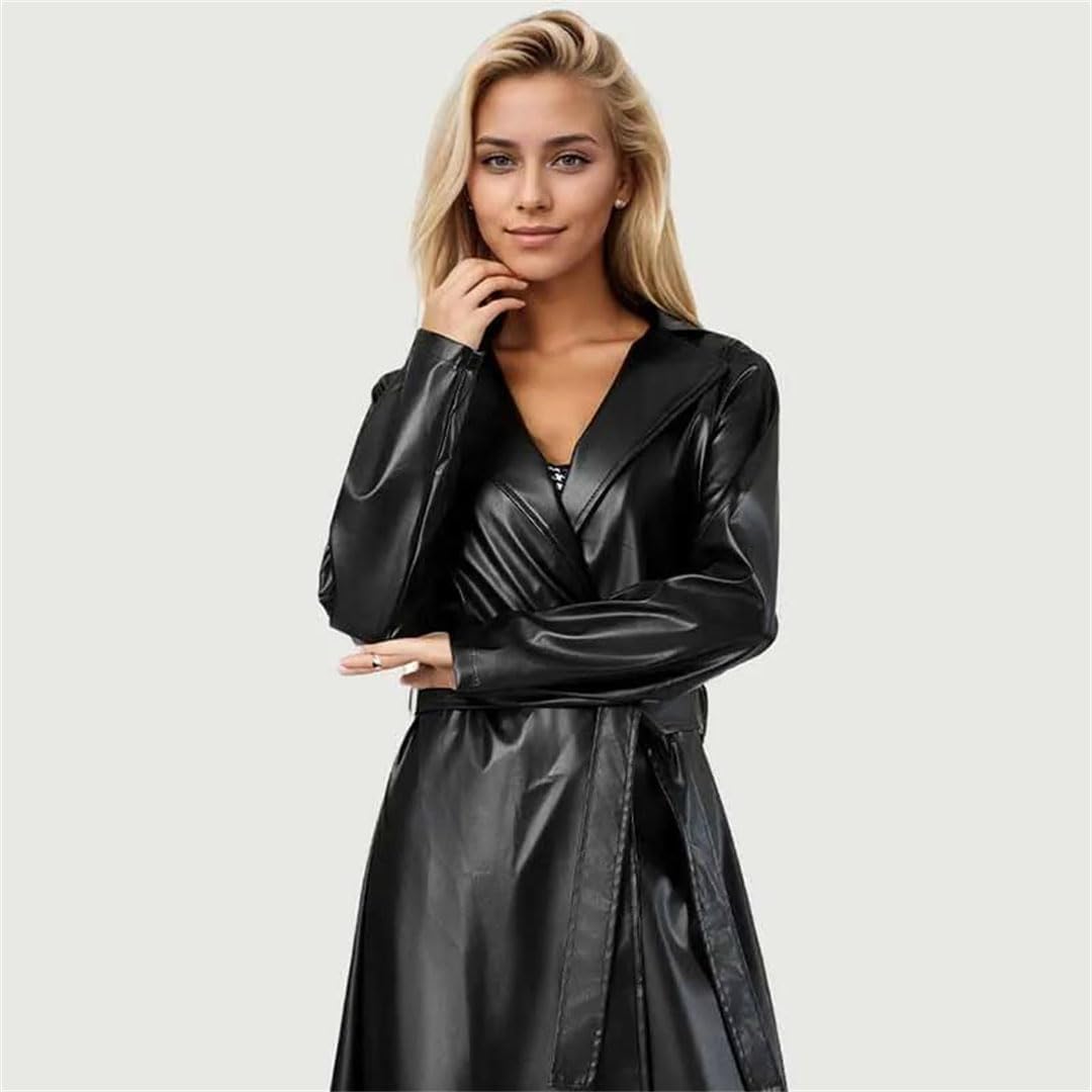Women's Spring Autumn Long  Leather Trench Coat