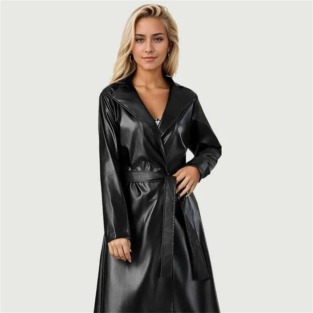 Women's Spring Autumn Long  Leather Trench Coat