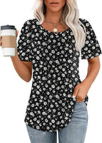 💝💝Womens T Shirts Short Sleeve Pleated Dressy Casual Scooped Neck Summer Tops Blouses