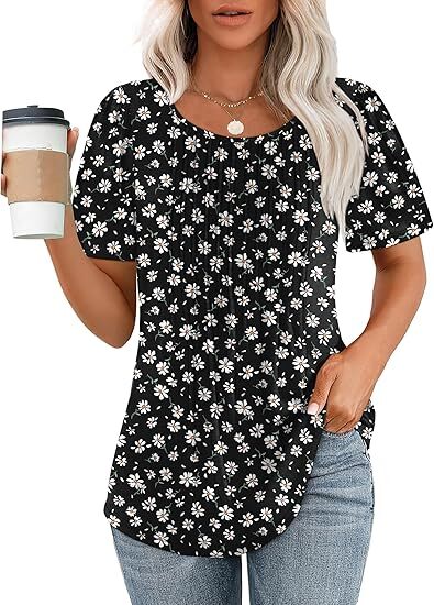 💝💝Womens T Shirts Short Sleeve Pleated Dressy Casual Scooped Neck Summer Tops Blouses