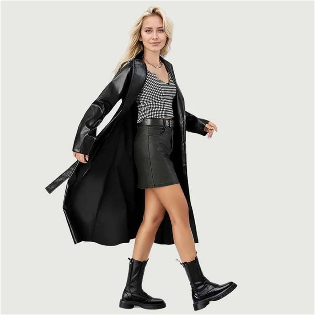 Women's Spring Autumn Long  Leather Trench Coat