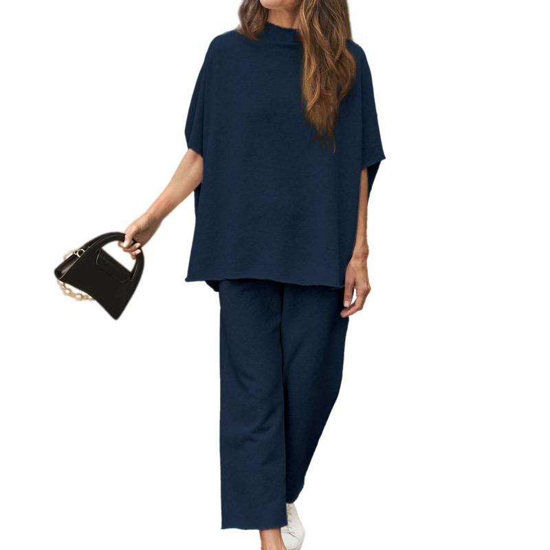 💝💝Women's 2-Piece Casual Trendy Clothing Set - 3/4 Batwing Sleeve Capelet Crew Neck Pullover Top&Wide Leg Pants