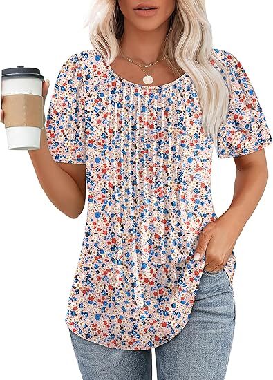 💝💝Womens T Shirts Short Sleeve Pleated Dressy Casual Scooped Neck Summer Tops Blouses
