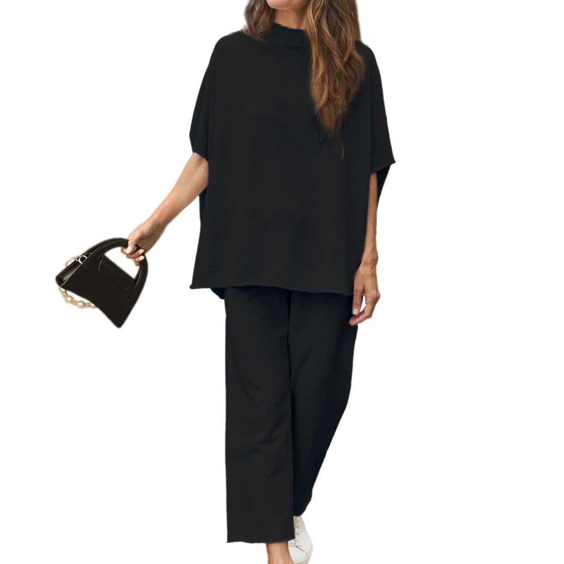 💝💝Women's 2-Piece Casual Trendy Clothing Set - 3/4 Batwing Sleeve Capelet Crew Neck Pullover Top&Wide Leg Pants