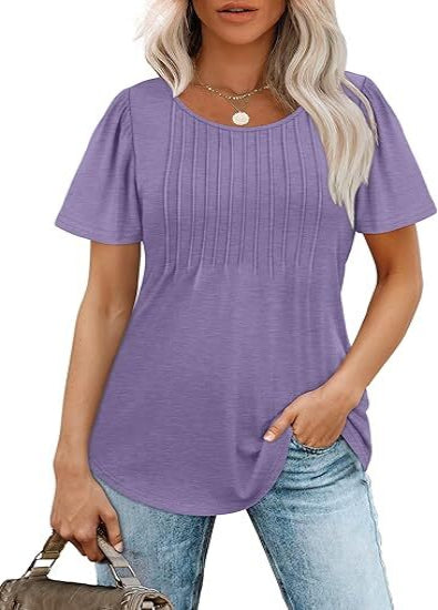 💝💝Womens T Shirts Short Sleeve Pleated Dressy Casual Scooped Neck Summer Tops Blouses